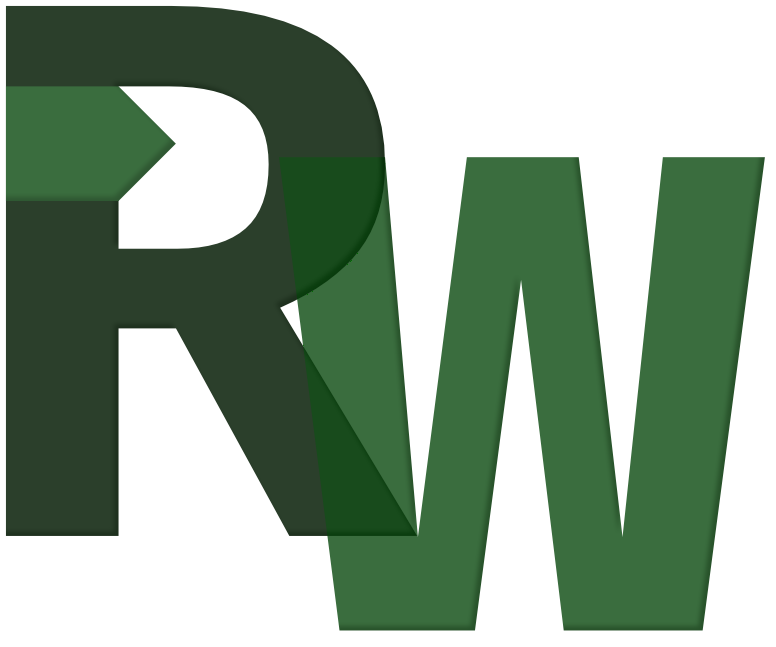 Logotype for RW Consulting. Capital R in dark green with a lighter green arrow, and a capital W offset to the right and down in the same lighter green as the arrow